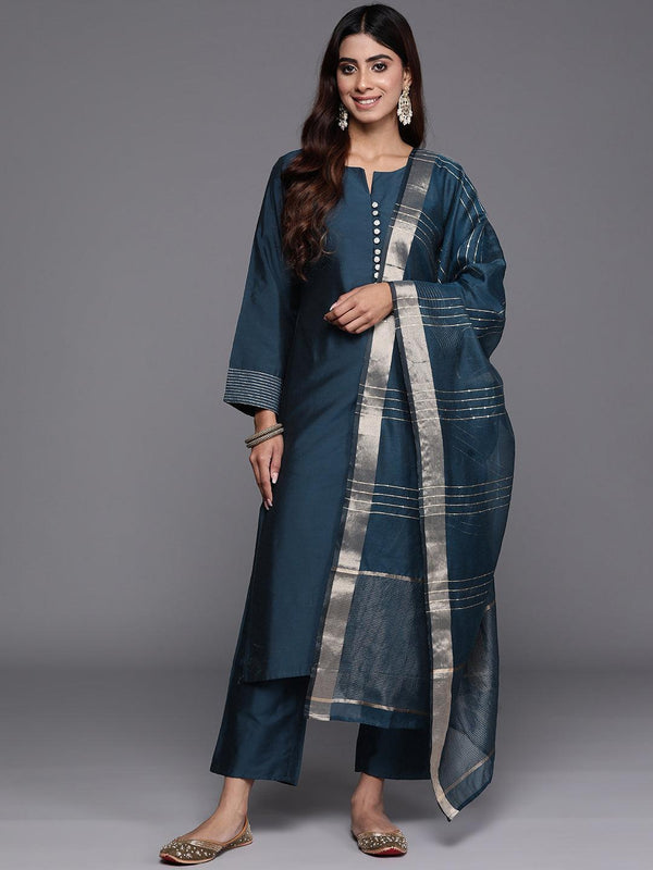 Blue Solid Silk Blend Straight Suit With Dupatta - Jashvi