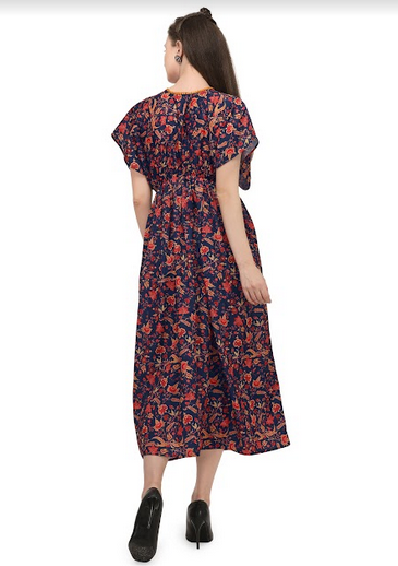 Women's Navy Blue Drop Shoulder Digital Printed Ankle Length Tunic Dress - MESMORA FASHIONS