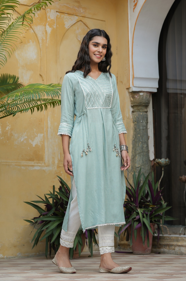 Women's Mint Blue Rayon Slub Solid Embroidered  Stright Kurta - Juniper