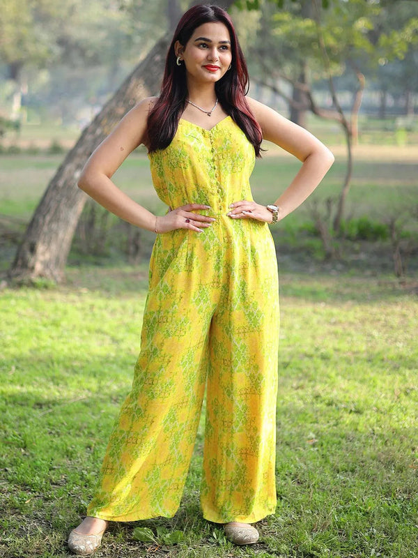 Lime Green Printed Georgette Jumpsuit - Jashvi