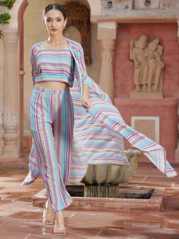 Multicoloured Striped Georgette Top With Palazzos & Shrug