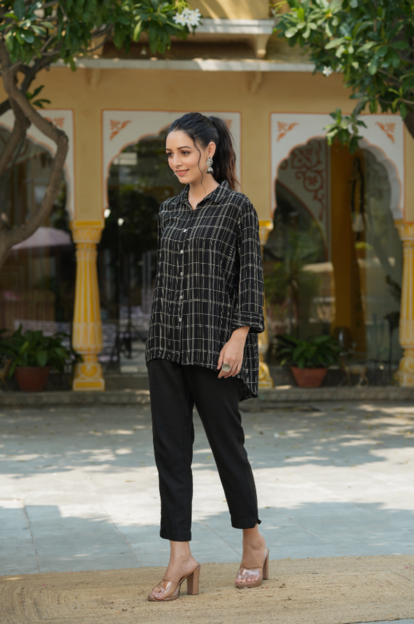 Women's Black Rayon Crepe Checkered Printed High & Low Shirt Style Tunic. - Juniper