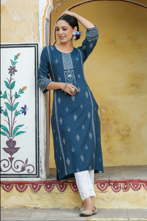 Women's Blue Rayon Staple Printed Straight Kurta - Juniper