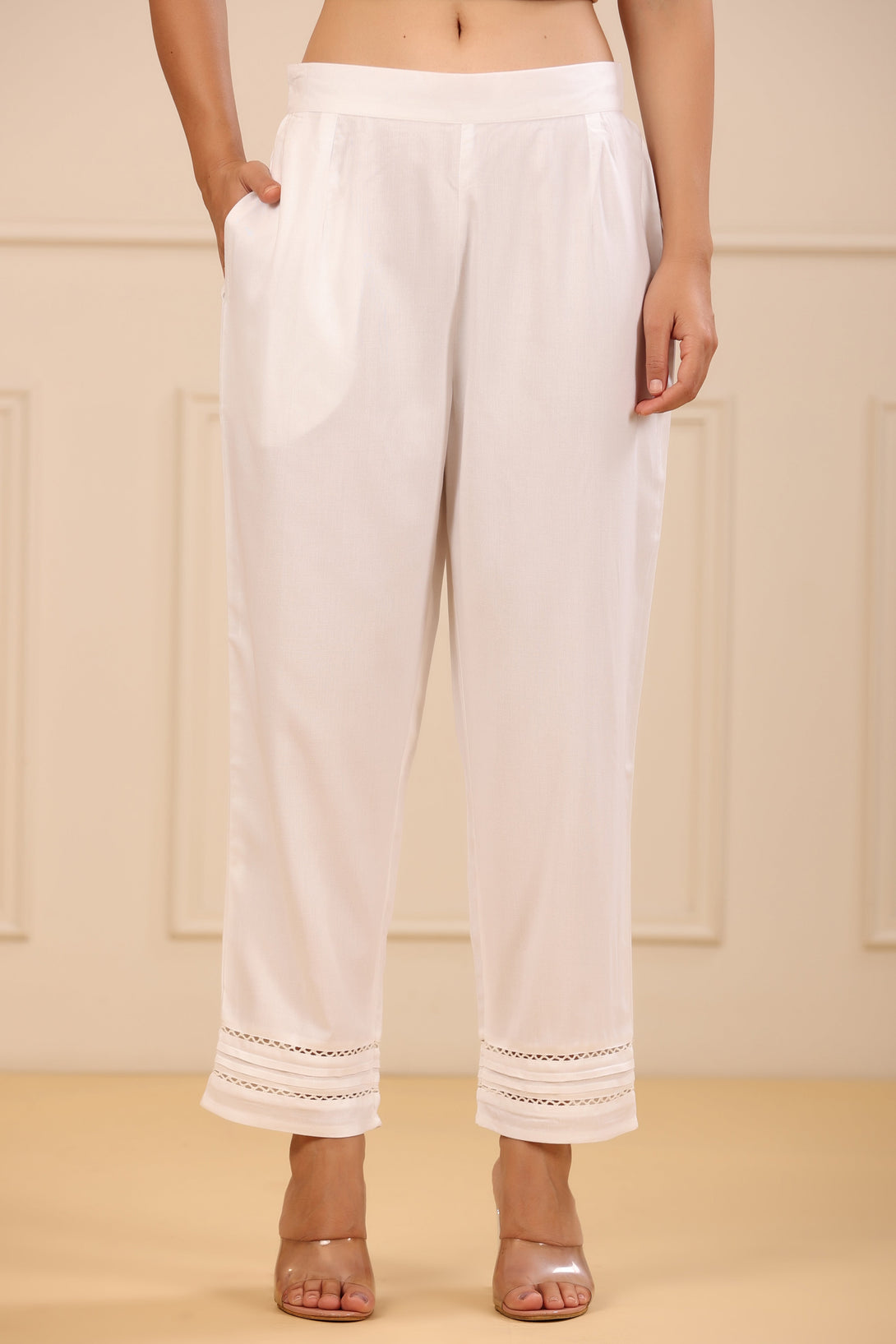 Women's White Rayon Staple Solid Stright Pant/Slim Pant - Juniper