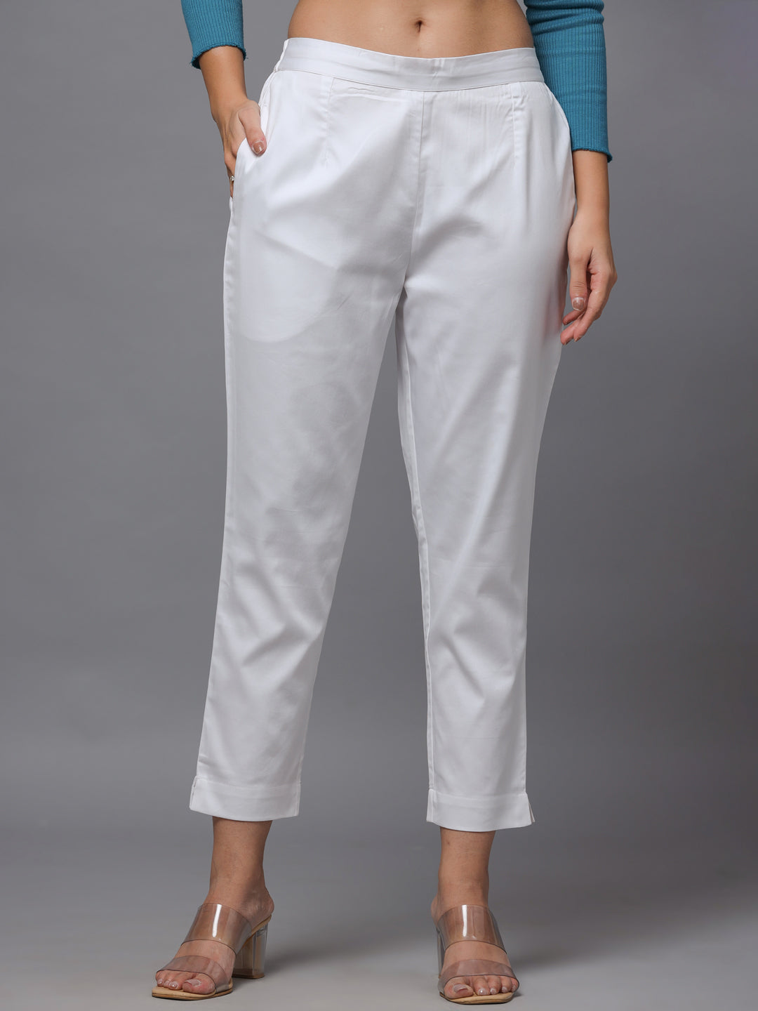 Women's White  Solid Straight Slim Pant - Juniper