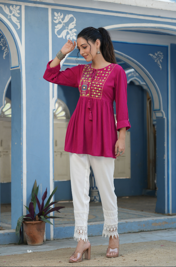 Women's Fuchsia Rayon Crepe Embroidered Straight Tunic - Juniper