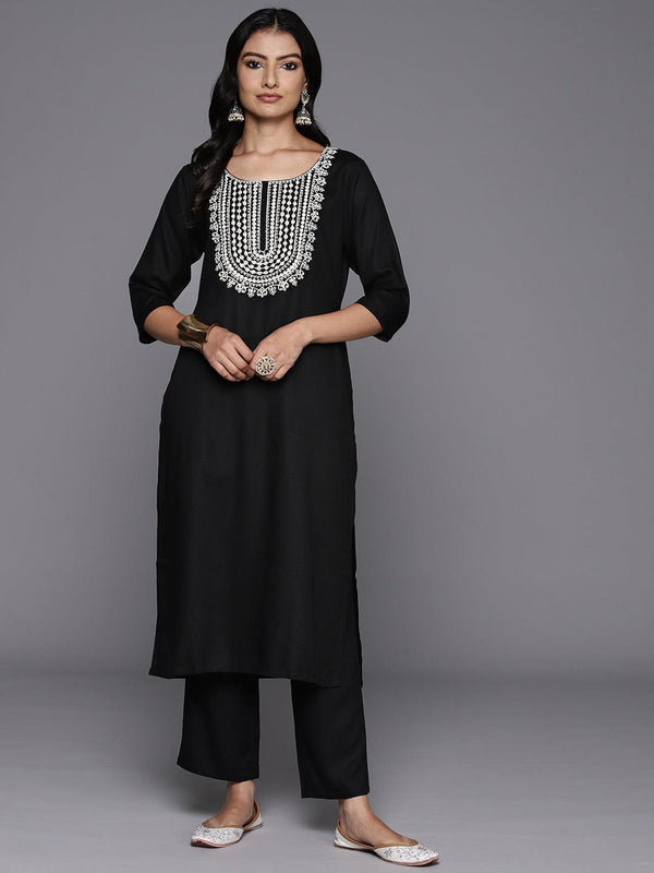 Black Yoke Design Wool Blend Straight Kurta With Trousers - Jashvi