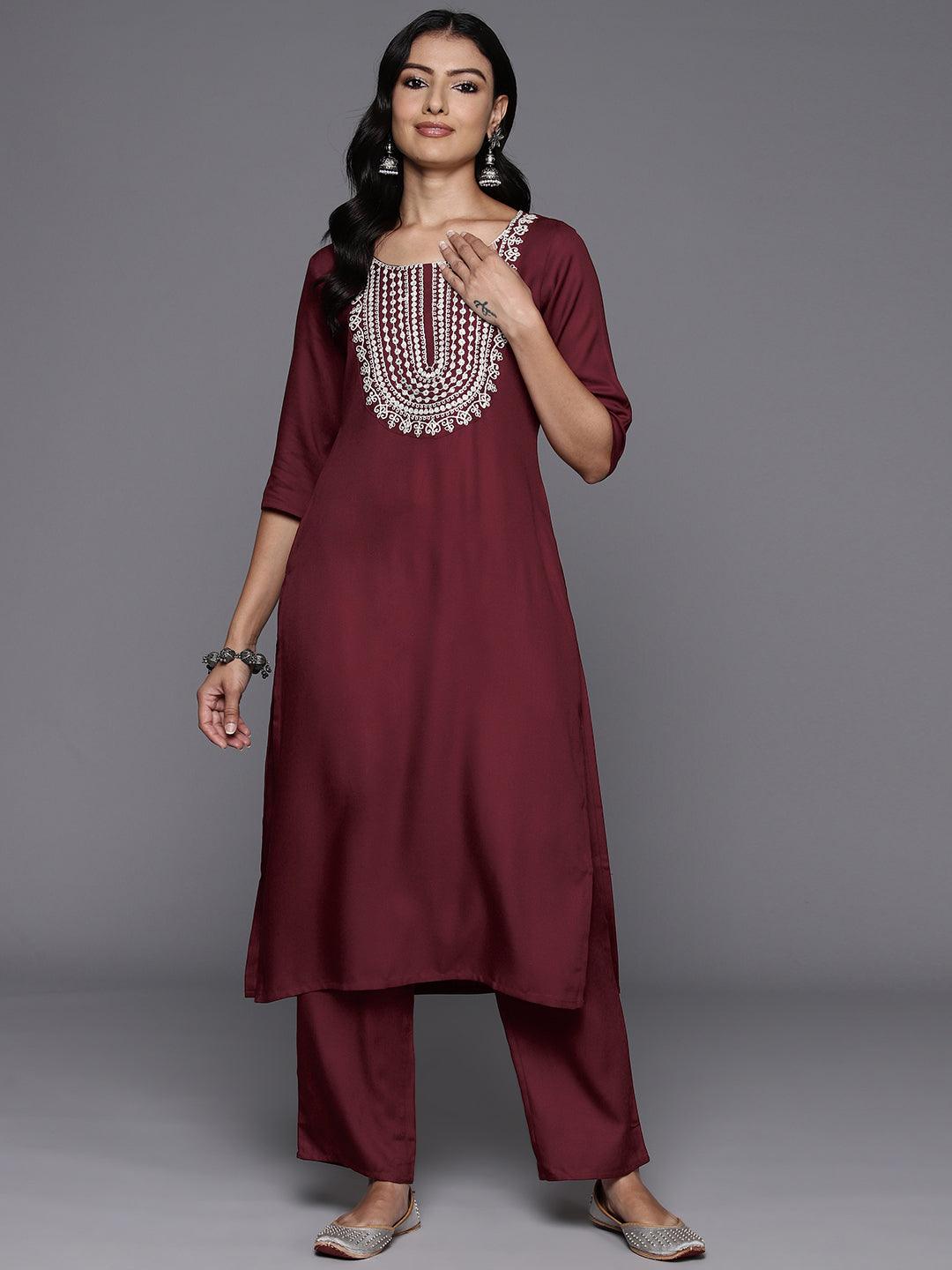 Maroon Yoke Design Wool Blend Straight Kurta With Trousers - Jashvi