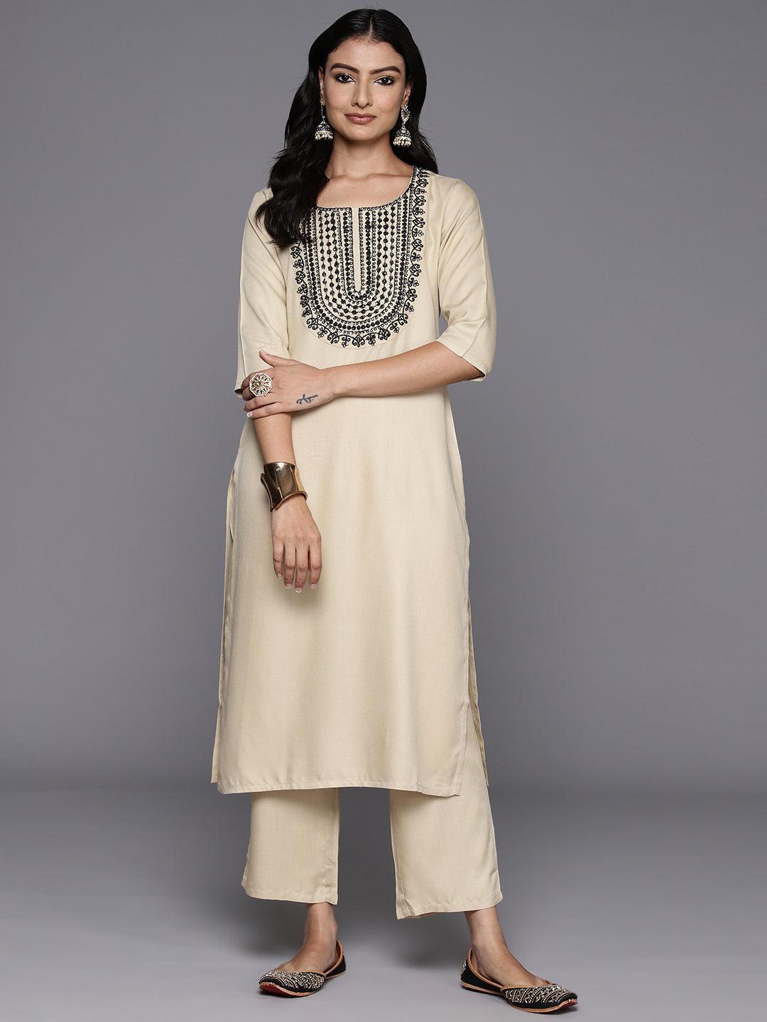 Beige Yoke Design Wool Blend Straight Kurta With Trousers - Jashvi