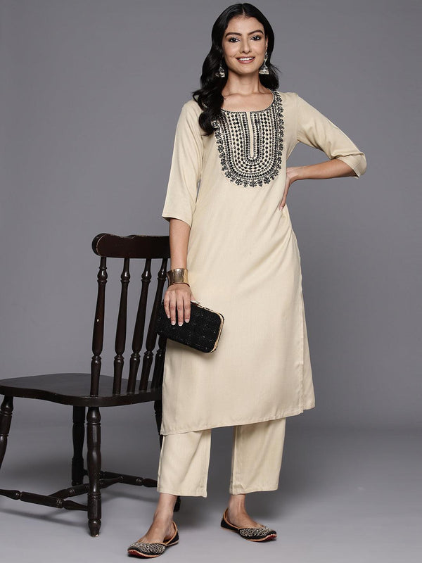 Beige Yoke Design Wool Blend Straight Kurta Set