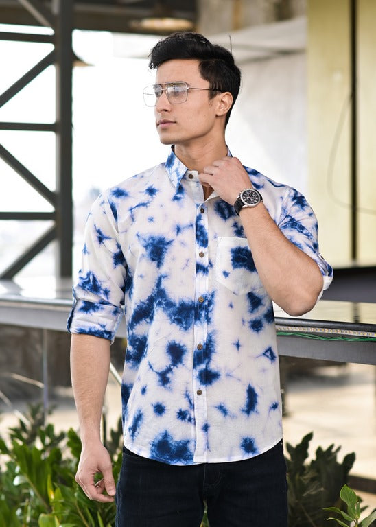 Men's Blue And White Tie Dye Cotton Shirt - Hatheli