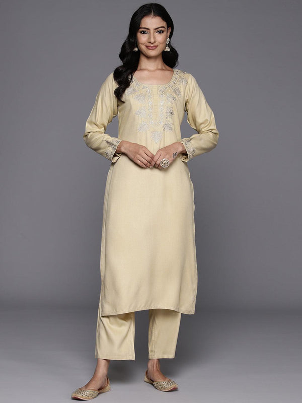 Beige Yoke Design Wool Blend Straight Kurta Set - Jashvi