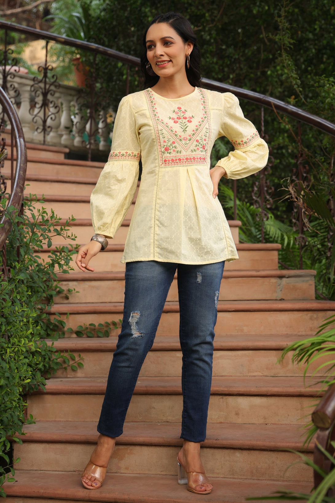 Women's Lemon Cotton Dobby Solid Embroidered  Straight Tunic - Juniper