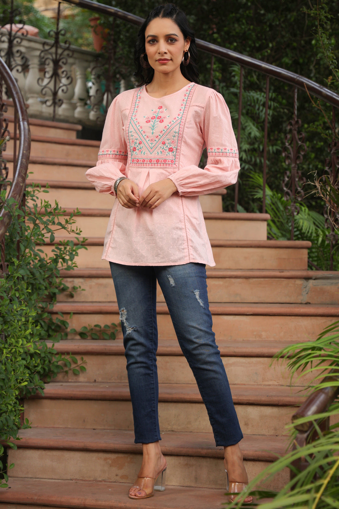 Women's Peach Cotton Dobby Solid Embroidered  Straight Tunic - Juniper