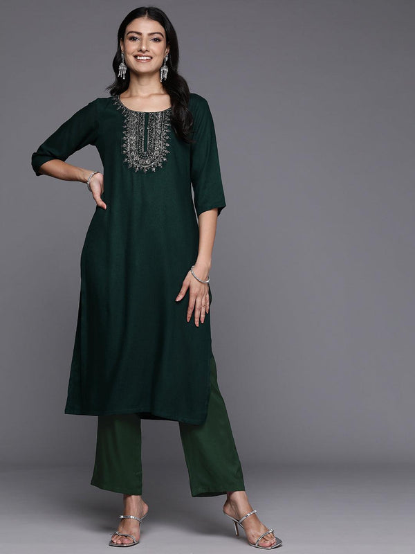 Green Yoke Design Wool Blend Straight Kurta Set - Jashvi