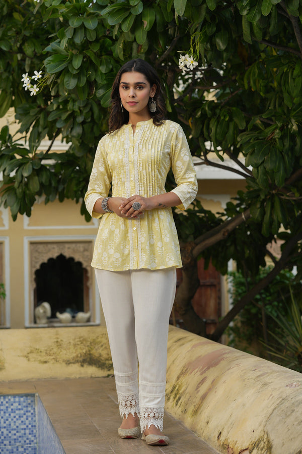 Jashvi Light Yellow Ethnic Motif Pure Cotton Tunic with Lace Work