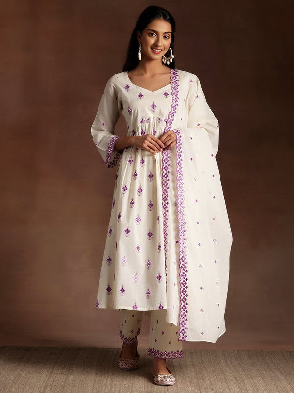 Off White Embroidered Cotton Anarkali Suit With Dupatta