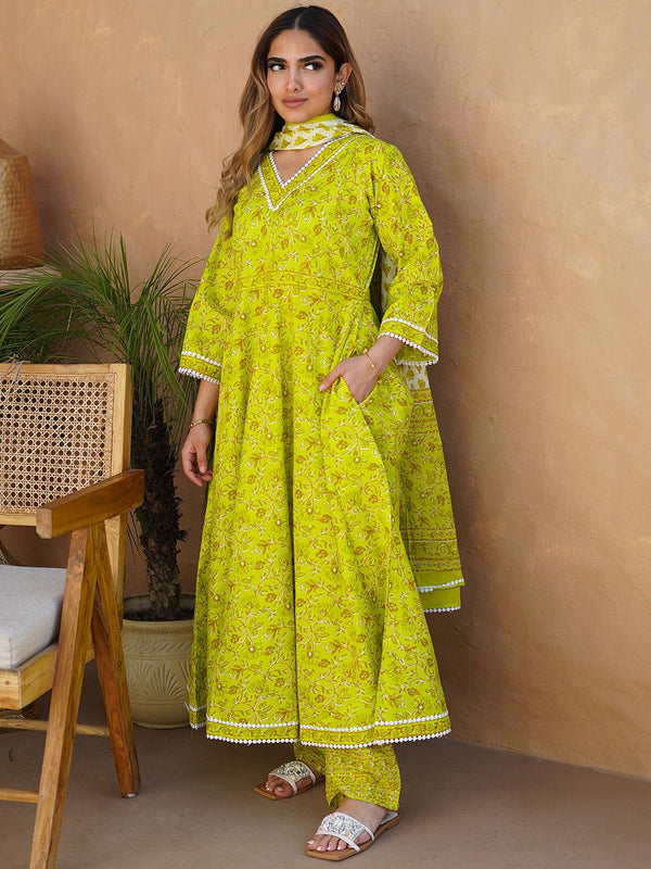 Green Printed Cotton Anarkali Suit With Dupatta