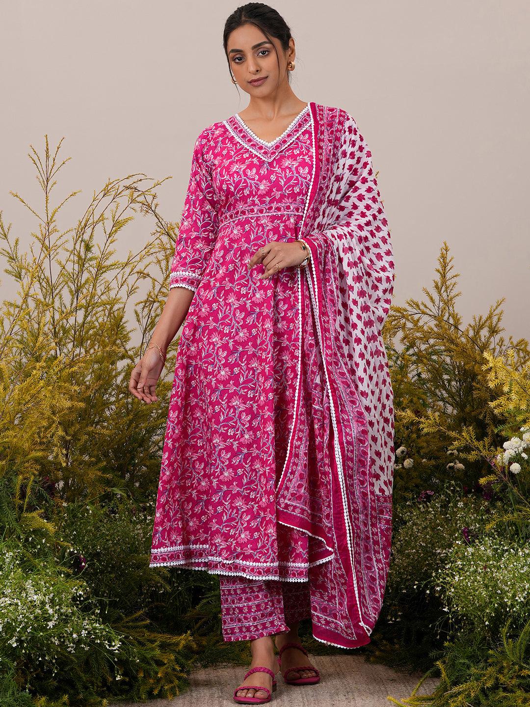 Pink Printed Cotton A-Line Kurta With Trousers & Dupatta - Jashvi