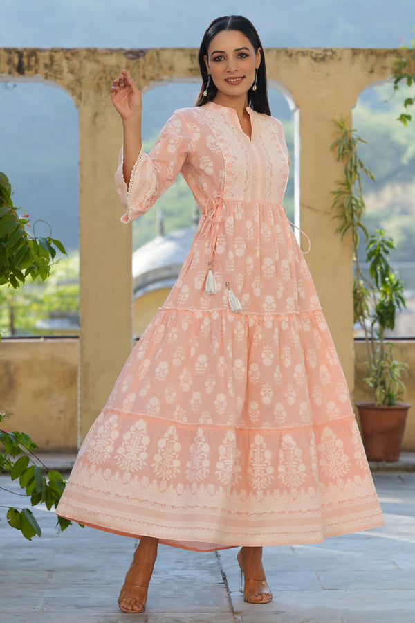 Jashvi Peach Ethnic Motif Printed Pure Cotton Tiered Maxi Dress With Sequins Work