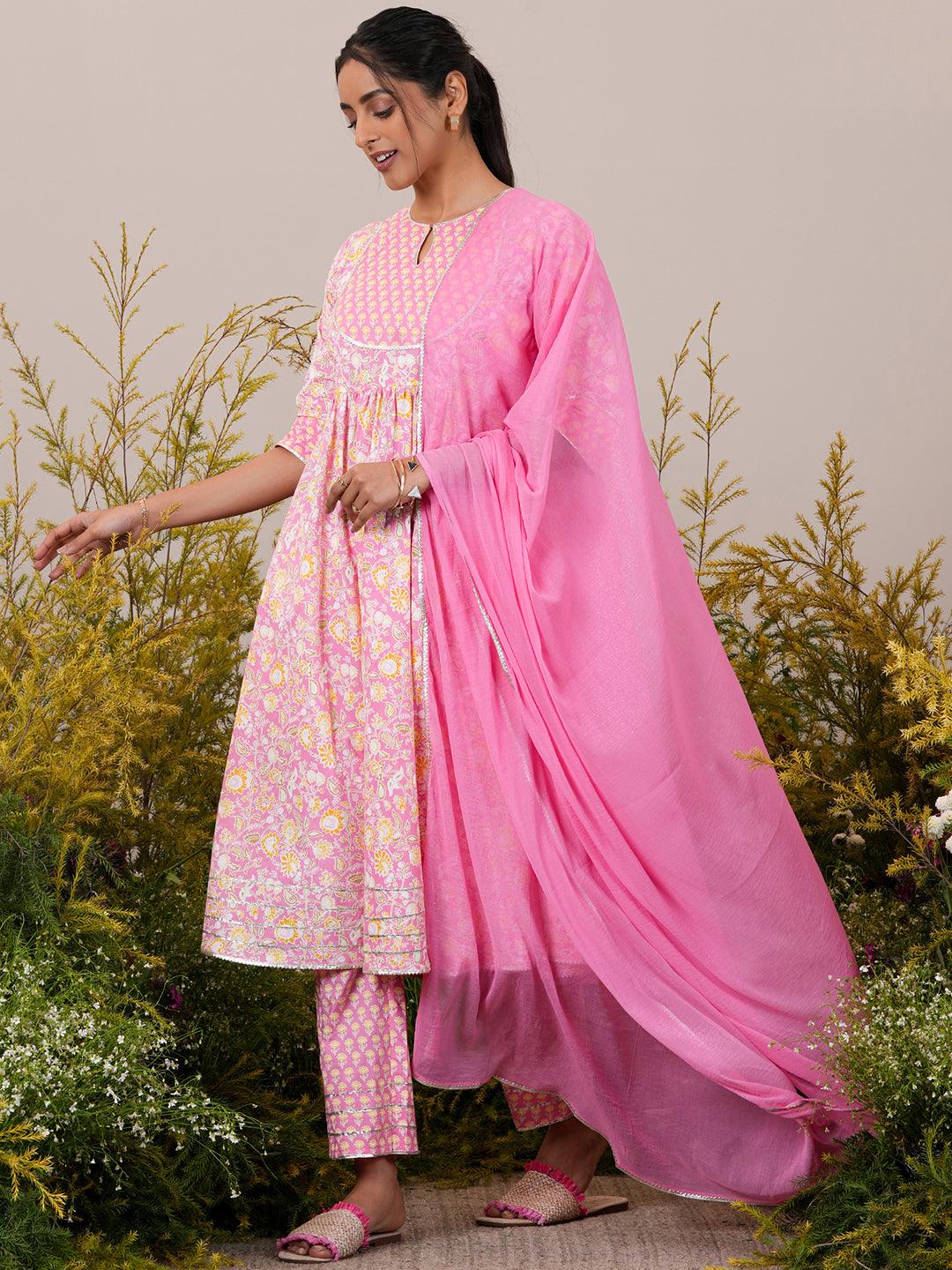 Pink Yoke Design Cotton Anarkali Suit With Dupatta - Jashvi