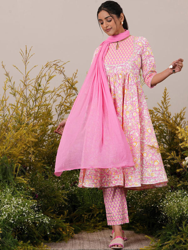 Pink Yoke Design Cotton Anarkali Suit With Dupatta