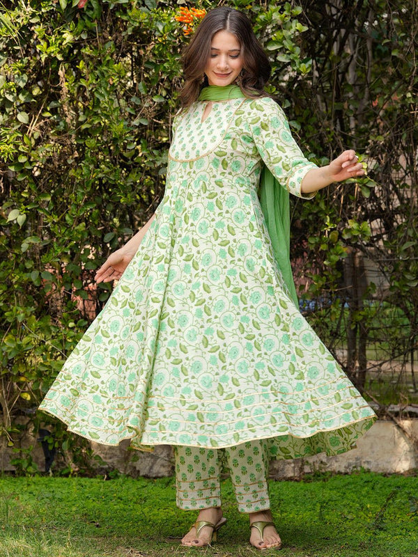 Green Yoke Design Cotton Anarkali Suit With Dupatta