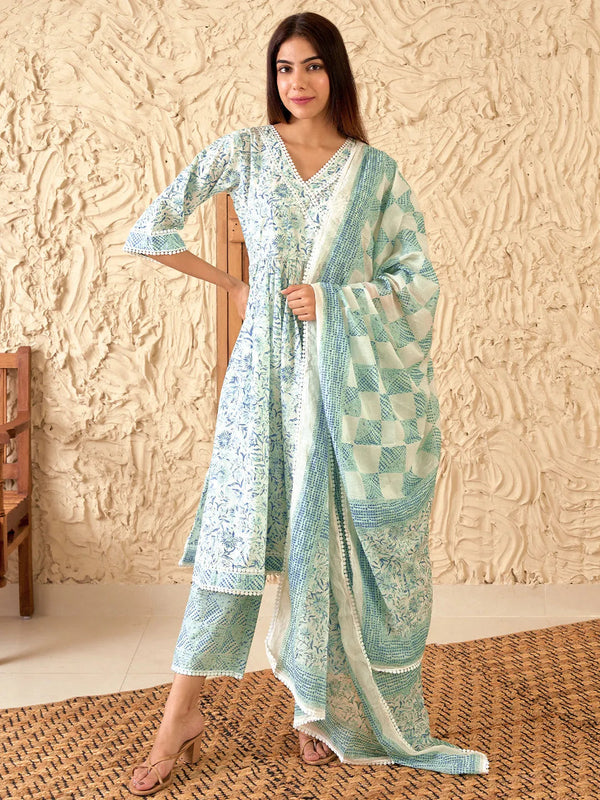 White Printed Cotton A-Line Kurta With Trousers & Dupatta