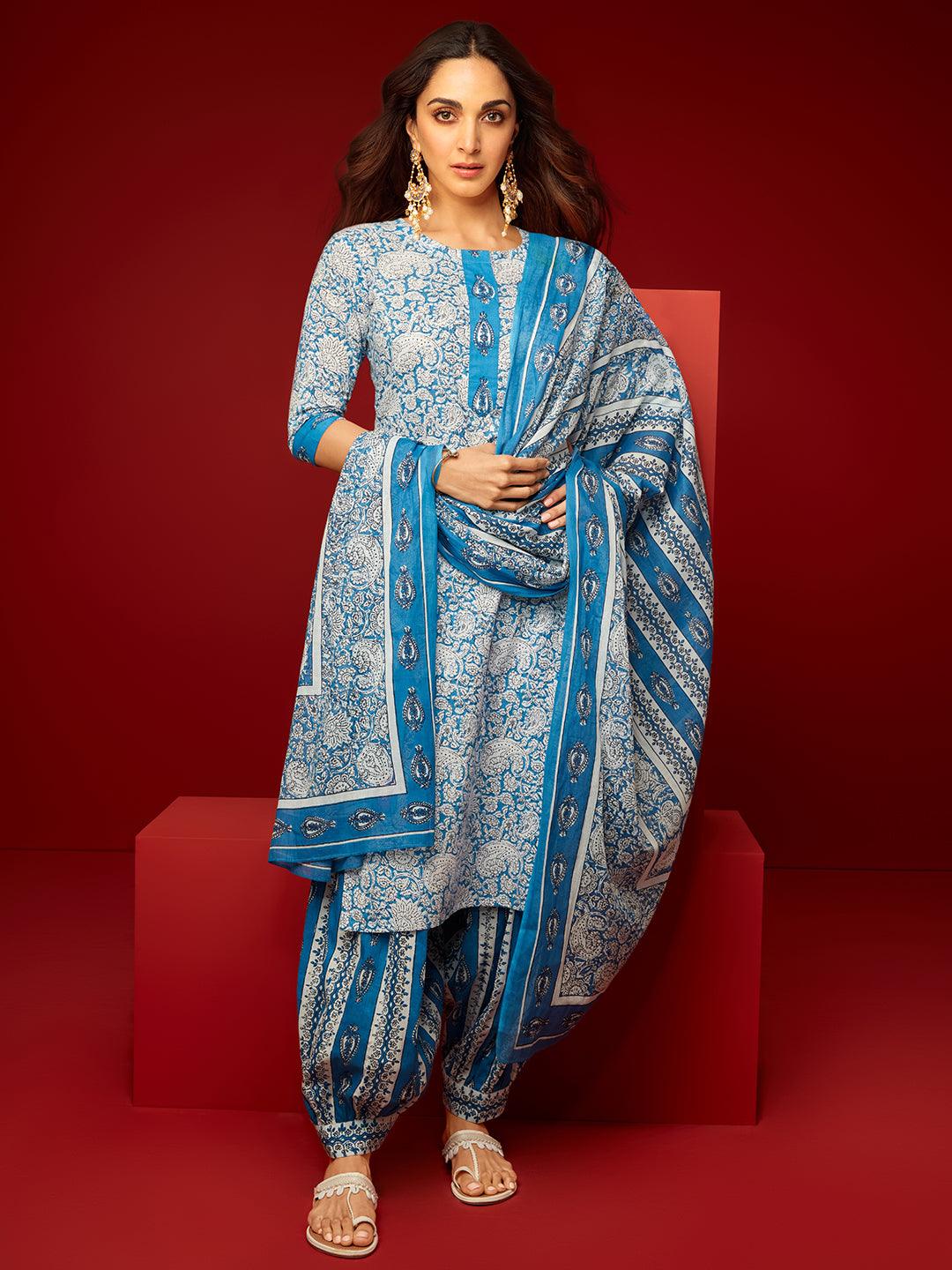 Blue Printed Cotton Straight Suit With Dupatta - Jashvi