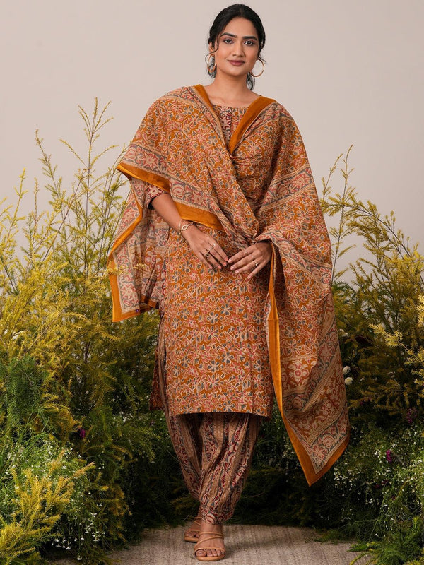 Mustard Printed Cotton Straight Suit With Dupatta