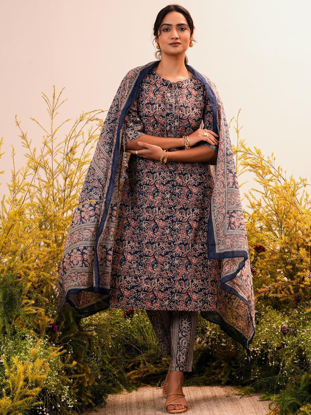 Blue Printed Cotton Straight Suit With Dupatta - Jashvi