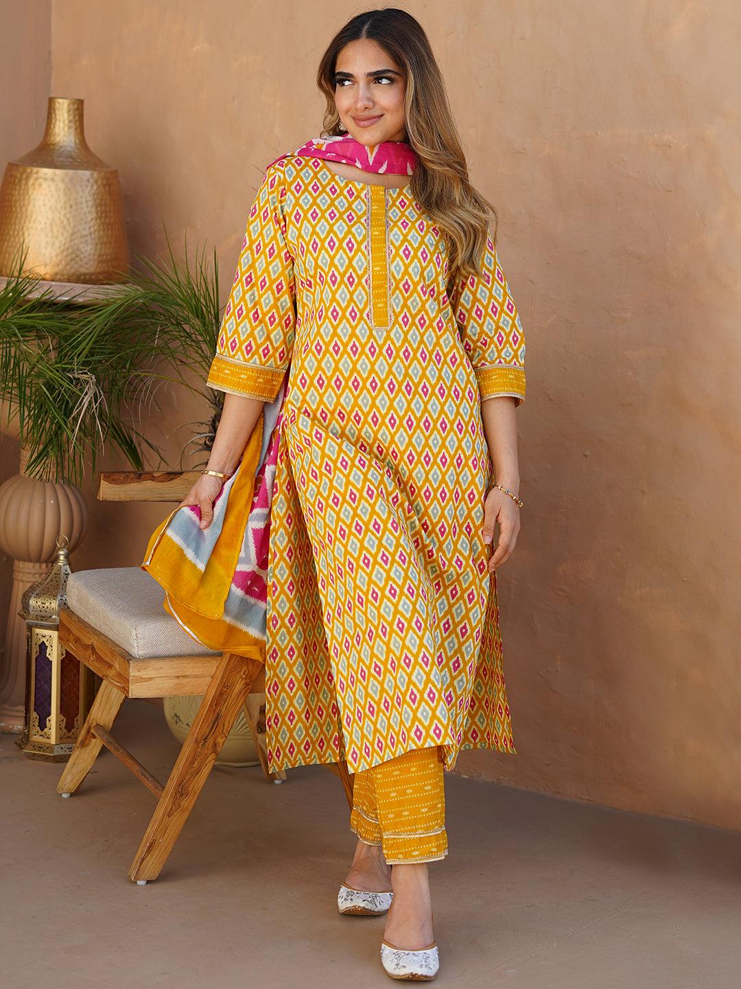 Mustard Printed Cotton Straight Suit With Dupatta - Jashvi