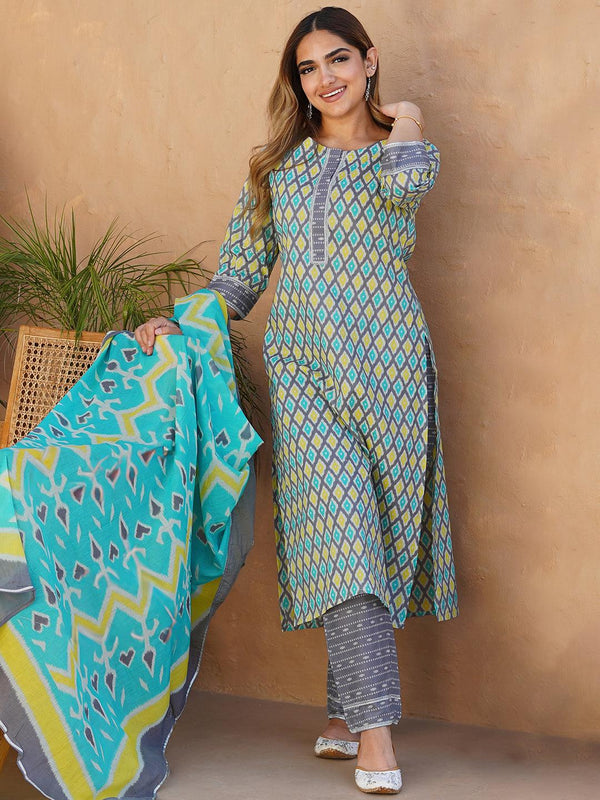 Grey Printed Cotton Straight Suit With Dupatta - Jashvi