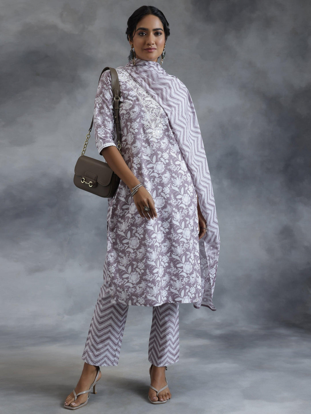 Grey Printed Cotton Straight Suit With Dupatta - Jashvi