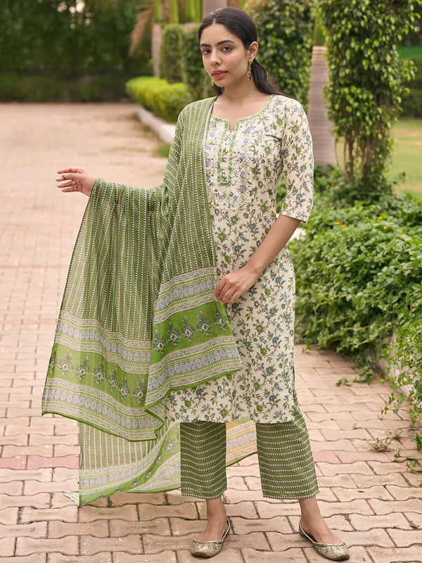 Green Printed Cotton Straight Suit With Dupatta