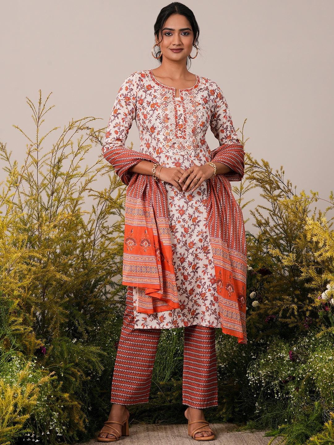 Rust Printed Cotton Straight Suit With Dupatta - Jashvi