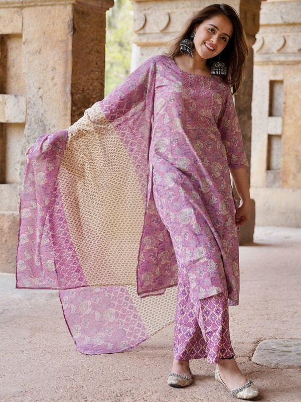 Mauve Printed Cotton Straight Suit With Dupatta - Jashvi