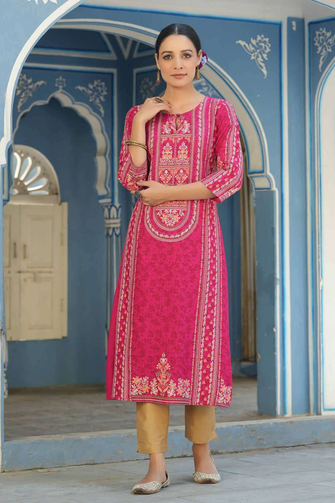 Women's Fuchsia Rayon Staple Placement Printed A-Line Kurta - Juniper