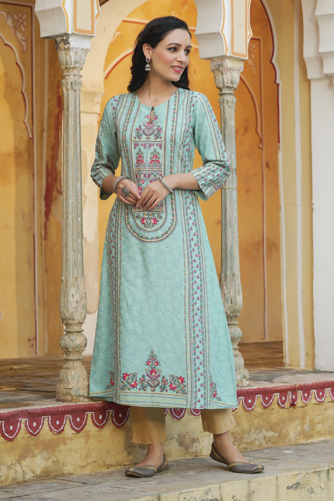 Women's Sky Blue Rayon Printed A-Line Kurta - Juniper