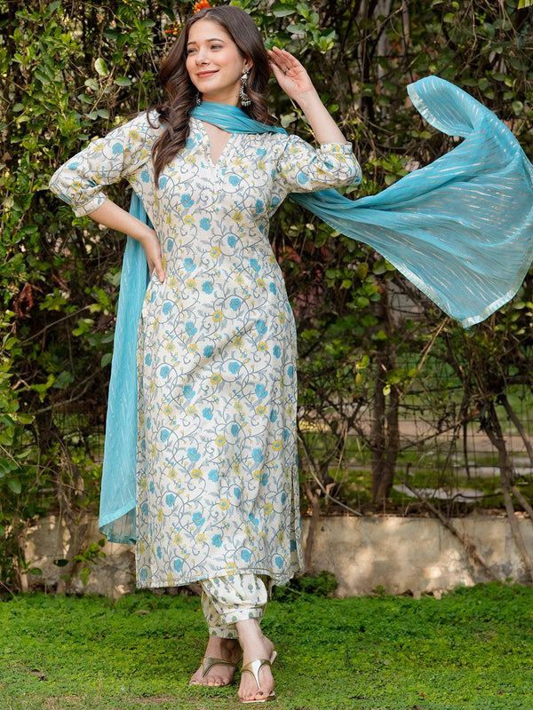 Off White Printed Cotton Straight Suit With Dupatta - Jashvi