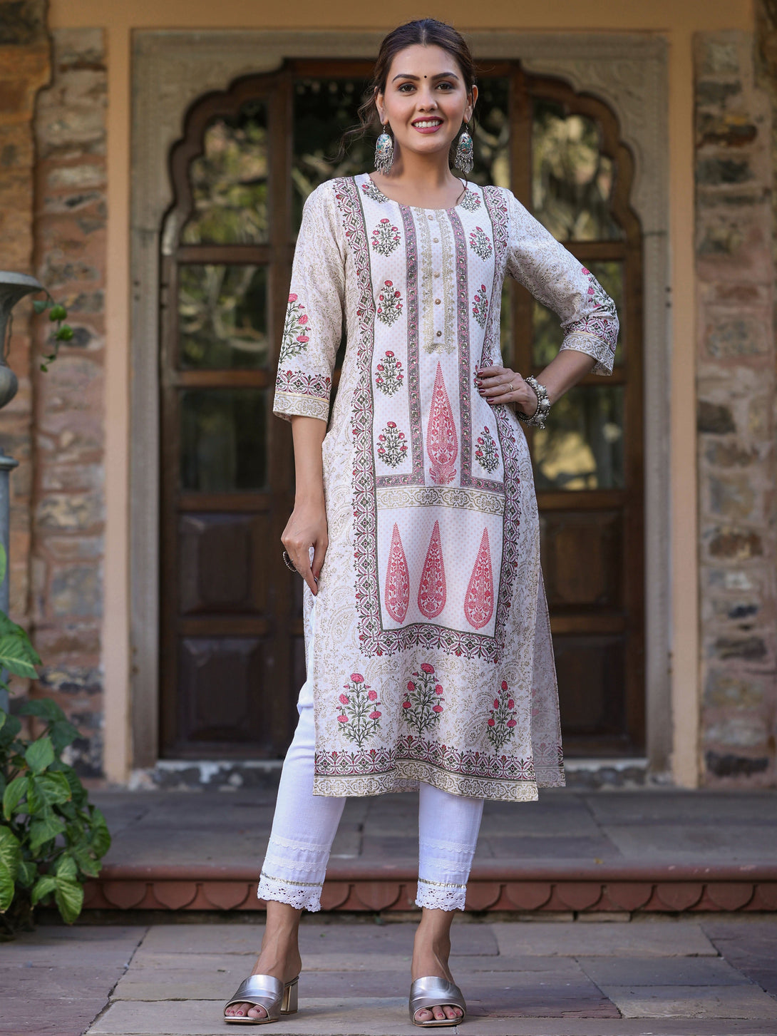 Women's Pink Viscose Shantoon Festive Printed Straight Kurta - Juniper