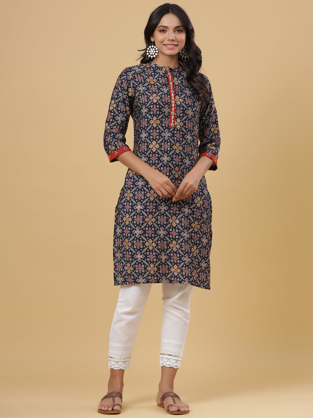 Women's Navy Printed Straight Knee Length Kurta - Juniper