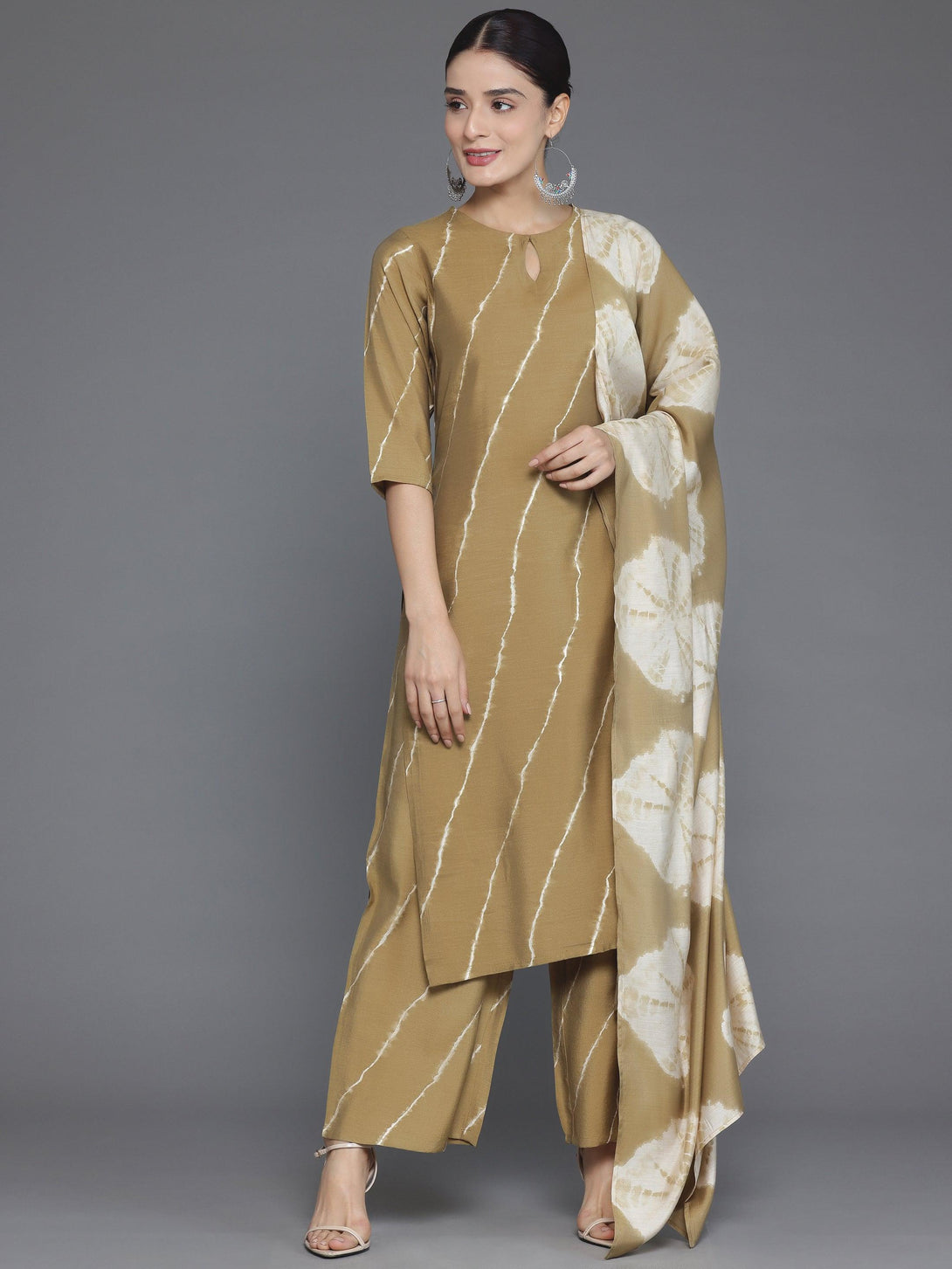 Olive Printed Silk Blend Straight Suit With Dupatta - Jashvi