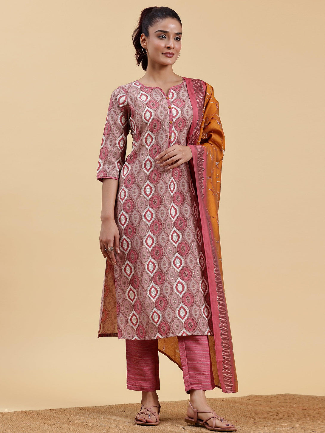 Mauve Printed Silk Blend Straight Suit With Dupatta - Jashvi