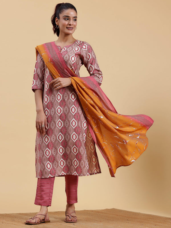 Mauve Printed Silk Blend Straight Suit With Dupatta