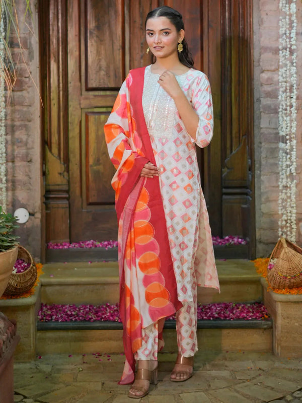 Off White Printed Silk Blend Straight Suit With Dupatta