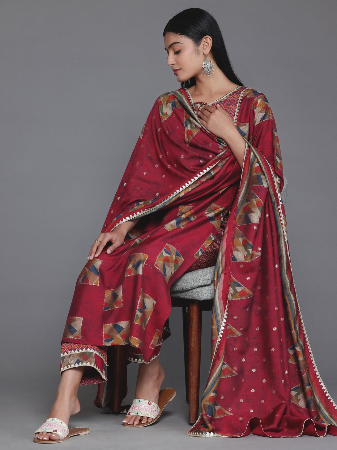 Maroon Printed Silk Blend Straight Suit With Dupatta - Jashvi