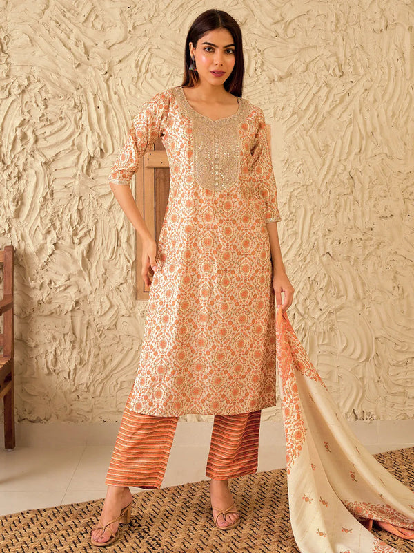 Beige Printed Silk Blend Straight Suit With Dupatta