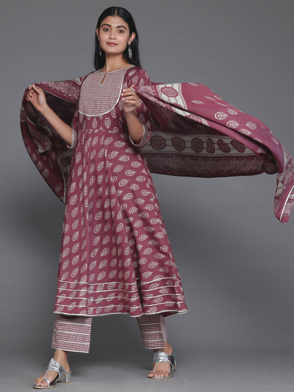 Mauve Printed Silk Blend Anarkali Suit With Dupatta - Jashvi