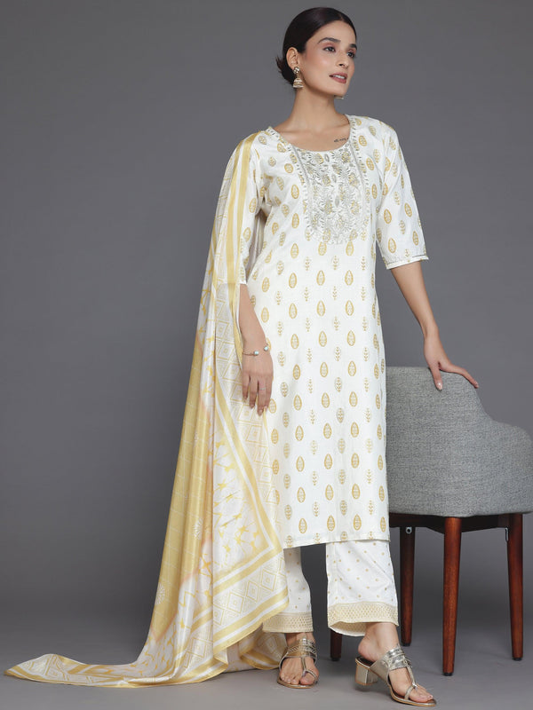 Off White Printed Silk Blend Straight Suit With Dupatta